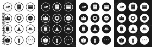 Set Calendar, Christmas wreath, Gift box, santa claus sleigh, book, Marzipan sponge cake and Merry ringing bell icon. Vector