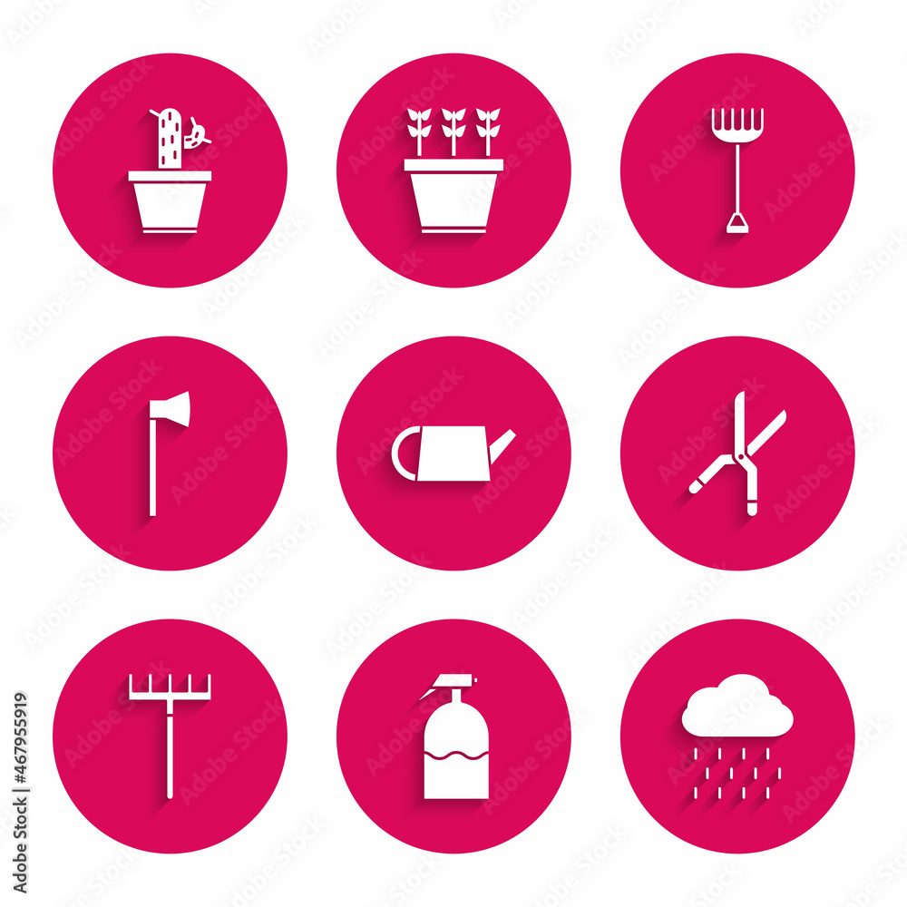 Set Watering can, Garden sprayer, Cloud with rain, Gardening handmade scissors, rake, Wooden axe, and Cactus succulent pot icon. Vector Set Watering can, Garden sprayer, Cloud with rain, Gardening handmade scissors, rake, Wooden axe, and Cactus succulent pot icon. Vector