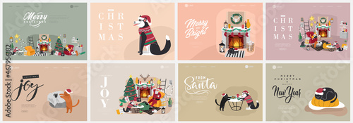 Landing page template or Card with Christmas home decorations with Santa Claus and pets. Scandinavian interior with cat, dog dressed in costumes. Illustration and New year typography