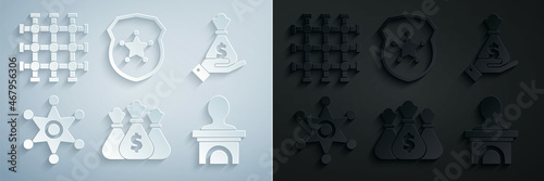 Set Money bag, Hand holding money, Hexagram sheriff, Stage stand or debate podium rostrum, Police badge and Prison window icon. Vector