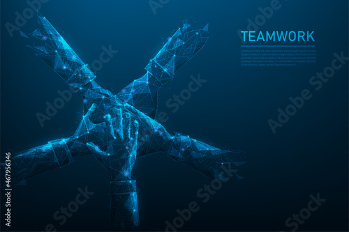 hand teamwork low poly wireframe on blue dark background. connection consisting of dots, lines, triangles. vector illustration futuristic style.
