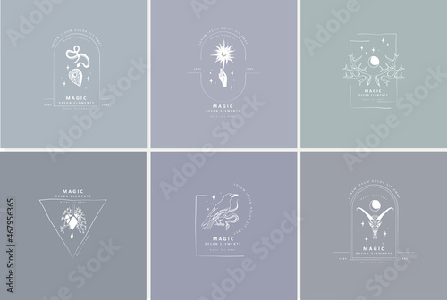 Set of boho hand drawn mystical magic set. Esoteric doodle elements and logo icons with hands, raven dagger. Black outline style. Abstract vector illustration