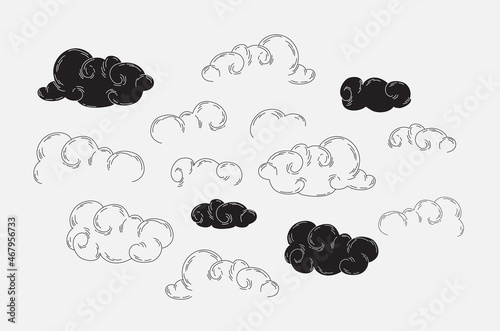 Set of abstract clouds in linear and silhouette style. Chinese and Curl cloud celestial elements. Vector