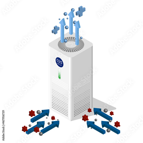 Isometric vector illustration of air purifier or filter device, pollution and virus got filtered by purification process, reduce PM 2.5 in the atmosphere