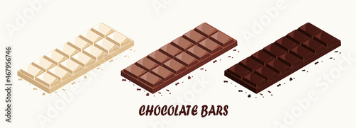 Different type of chocolate bars, white and dark cocoa snacks