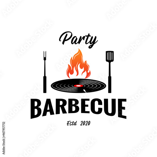 Vinyl record with Fire Flame Live Music Concert for Grill and Barbecue Store, Bar Cafe Restaurant, vintage poster Logo Design