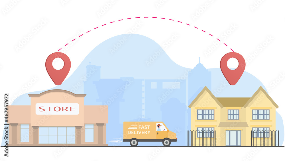 The delivery process starts from the store to your home. Driver delivers goods to customers. EPS10 vector illustration.