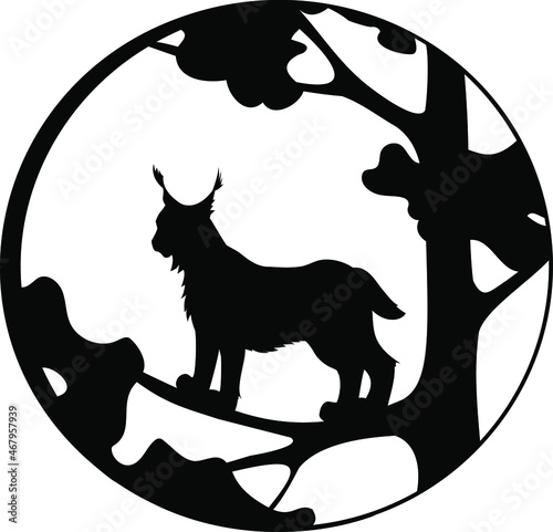 Vector illustration, silhouette of a lynx in a tree. Logo, emblem.