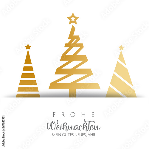 Frohe Weihnachten und ein gutes neues Jahr  - Grußkarte mit goldenen Weihnachtsbäumen und deutschem Text auf weißem Hintergrund