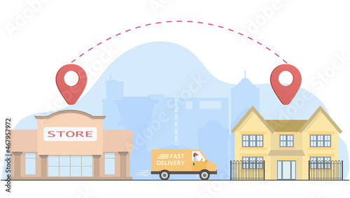 The delivery process starts from the store to your home. Driver delivers goods to customers. EPS10 vector illustration.