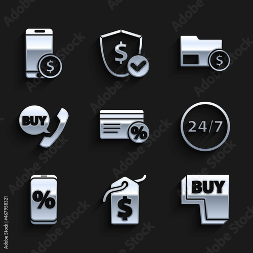Set Discount card with percent, Price tag dollar, Buy button, Clock 24 hours, Percent discount and mobile, Phone speech bubble, Envelope coin and Smartphone icon. Vector