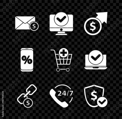Set Envelope with coin dollar, Computer monitor, Financial growth and, Chain link, Telephone 24 hours support, Shield, Percent discount mobile and Add Shopping cart icon. Vector