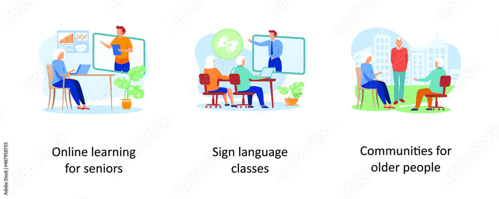 Online learning for seniors, sign language classes, Communities for older people. Senior community and education abstract concept vector illustrations.