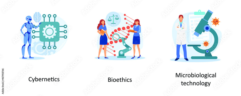 Cybernetics, bioethics, microbiological technology. Biological science abstract concept vector illustrations.