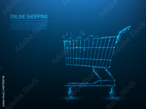 cart supermarket low poly wireframe. online shopping and ecommerce concept. consisting of points, lines, and triangle. vector illustration futuristic style.