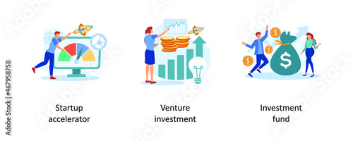 Start up accelerator, Venture investment, investment fund. Business incubator abstract concept vector illustration set.