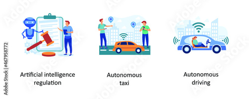 Artificial intelligence regulation, autonomous taxi, autonomous driving. Driverless transport legislation abstract concept vector illustration set.