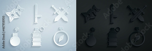 Set Hand grenade, Crossed medieval sword, Bomb ready to explode, Compass, Police rubber baton and Japanese ninja shuriken icon. Vector