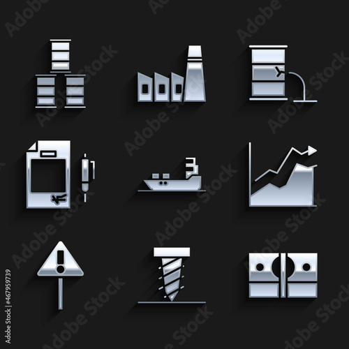 Set Oil tanker ship, Rotating drill digging hole, Stacks paper money cash, price increase, Exclamation mark triangle, Contract and pen, Barrel oil leak and icon. Vector
