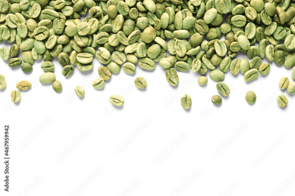 Many green coffee beans on white background, top view Many green coffee beans on white background, top view