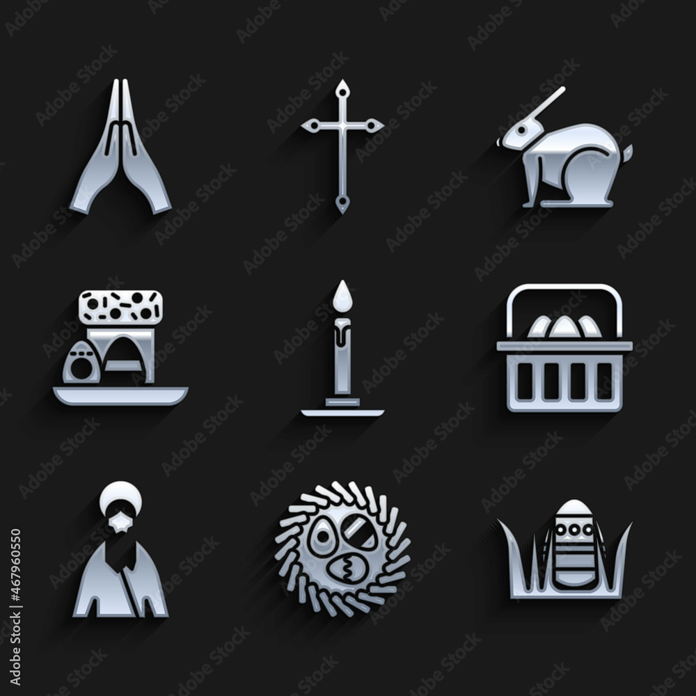 Set Burning candle in candlestick, Easter egg wicker nest, Basket with easter eggs, Jesus Christ, cake, rabbit and Hands praying position icon. Vector