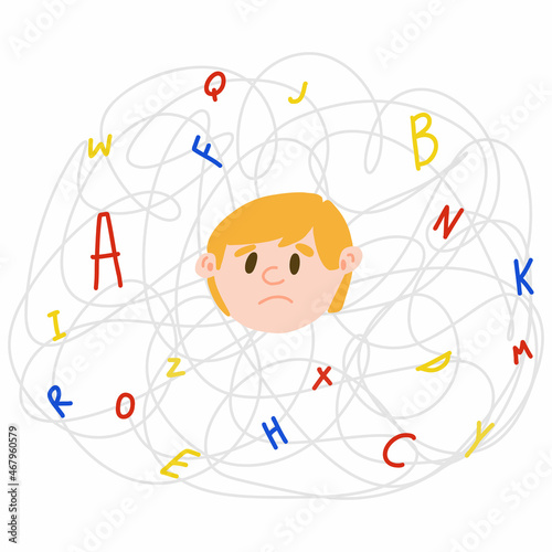 Upset light-skinned child with invisible disease dyslexia. Concept of dyslexic boy in the chaos of letters in cartoon style