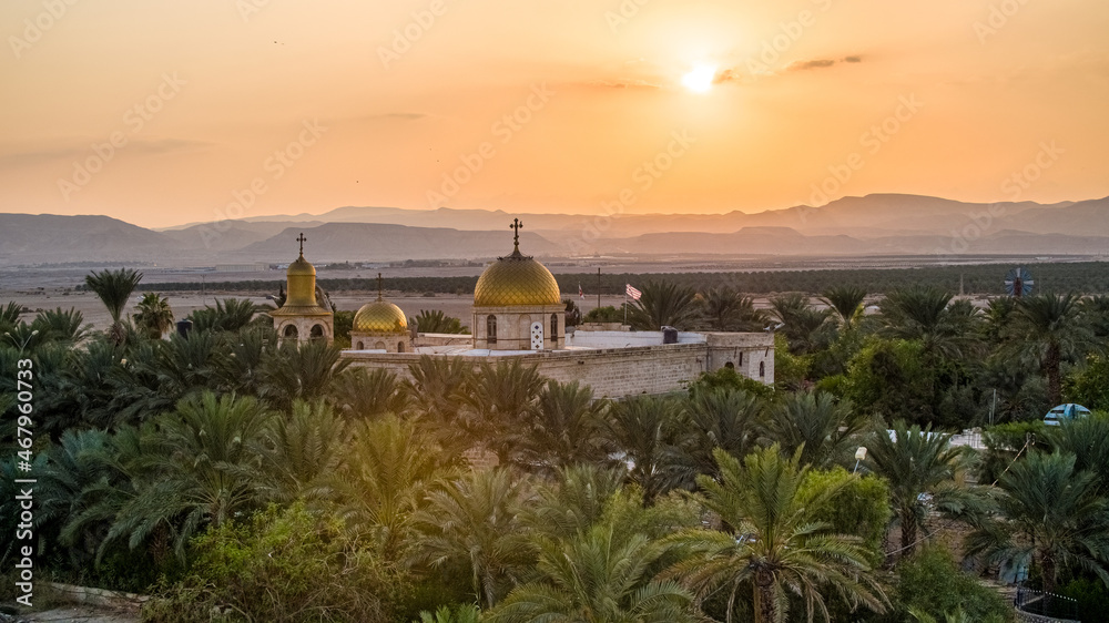 Obraz premium Deir Hajla is the Arabic name of the Greek Orthodox Monastery of Saint Gerasimus (officially the Holy Monastery of Saint Gerasimos of the Jordan). It is located on the West Bank, west of the River 