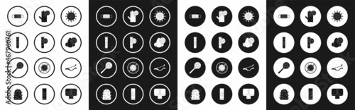 Set Virus, Test tube with virus, Blood test and, Medical protective mask, Runny nose, Hand, Ebola disease and under magnifying glass icon. Vector