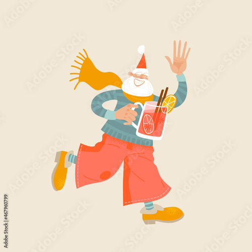Funny dancing Santa Claus in a cozy knitted sweater and a scarf with mulled wine. Cartoon character.