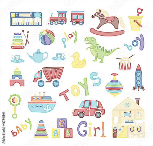 Vector toys doodle stickers set. Hand draw collection of toys icons for baby shower or scrapbook. Cute illustration for children