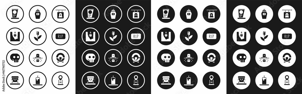 Set Signboard tombstone, Flower rose, Coffin in grave, Grave with, Speech bubble rip death, Funeral urn, Memorial wreath and Skull icon. Vector