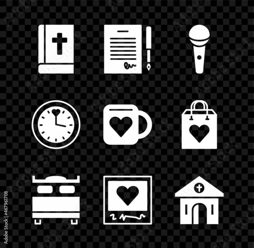 Set Holy bible book, Marriage contract, Microphone, Bedroom, Photo frames and hearts, Church building, Clock and Coffee cup icon. Vector