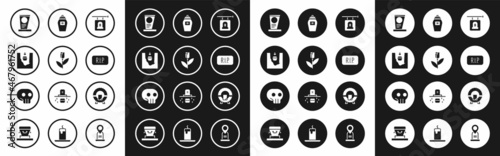 Set Signboard tombstone, Flower rose, Coffin in grave, Grave with, Speech bubble rip death, Funeral urn, Memorial wreath and Skull icon. Vector