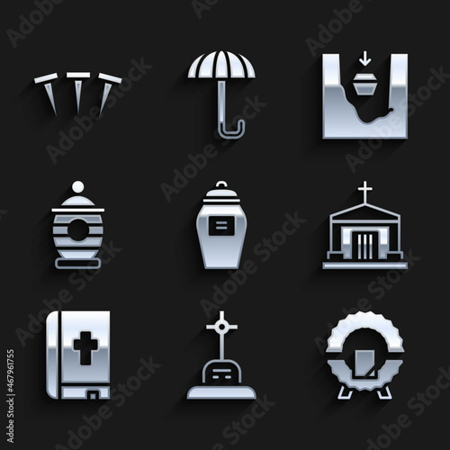 Set Funeral urn, Grave with cross, Memorial wreath, Old crypt, Holy bible book, Coffin in grave and Metallic nails icon. Vector © Oksana