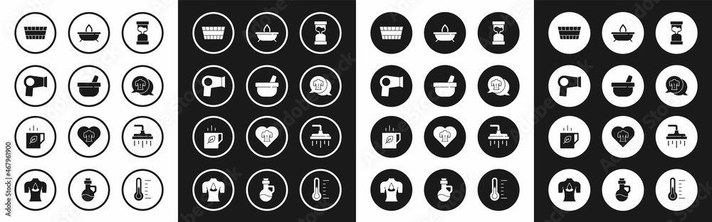 Set Old hourglass, Mortar and pestle, Hair dryer, Sauna bucket, Massage, Aroma candle, Shower head and Cup of tea leaf icon. Vector