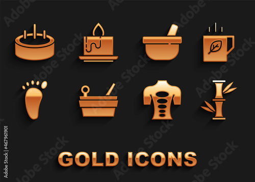 Set Sauna bucket and ladle, Cup of tea leaf, Bamboo, Massage stone therapy, Foot massage, Mortar pestle, Swimming pool with ladder and Aroma candle icon. Vector