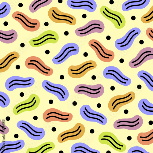 Abstract multicolored pattern. Stylized pattern consisting of black lines and dots on a background of colored spots, on a yellow background. Vector illustration.