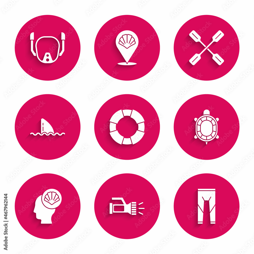 Set Lifebuoy, Flashlight, Wetsuit, Turtle, Scallop sea shell, Shark fin in ocean wave, Paddle and Diving mask icon. Vector Set Lifebuoy, Flashlight, Wetsuit, Turtle, Scallop sea shell, Shark fin in ocean wave, Paddle and Diving mask icon. Vector