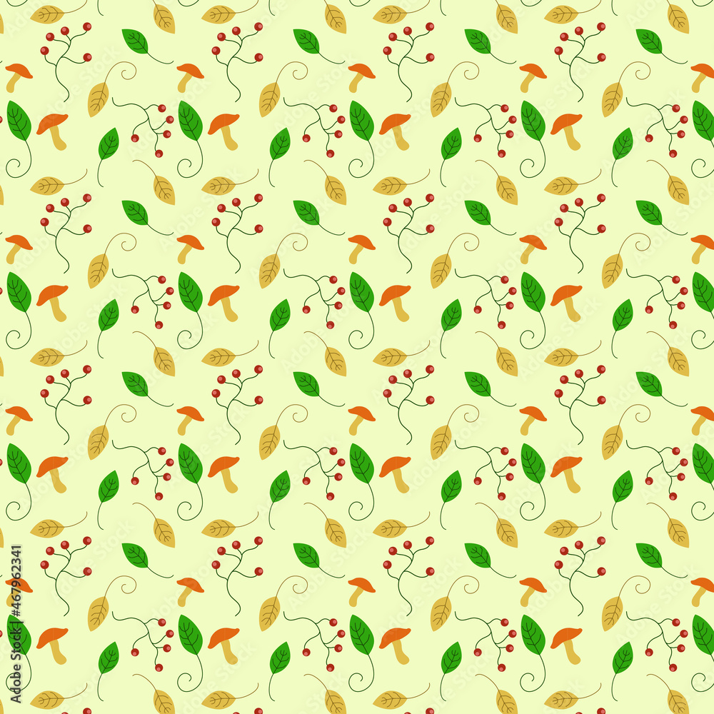 Vector pattern, with leaves, mushrooms and berries, for packages, gifts and textures Vector pattern, with leaves, mushrooms and berries, for packages, gifts and textures