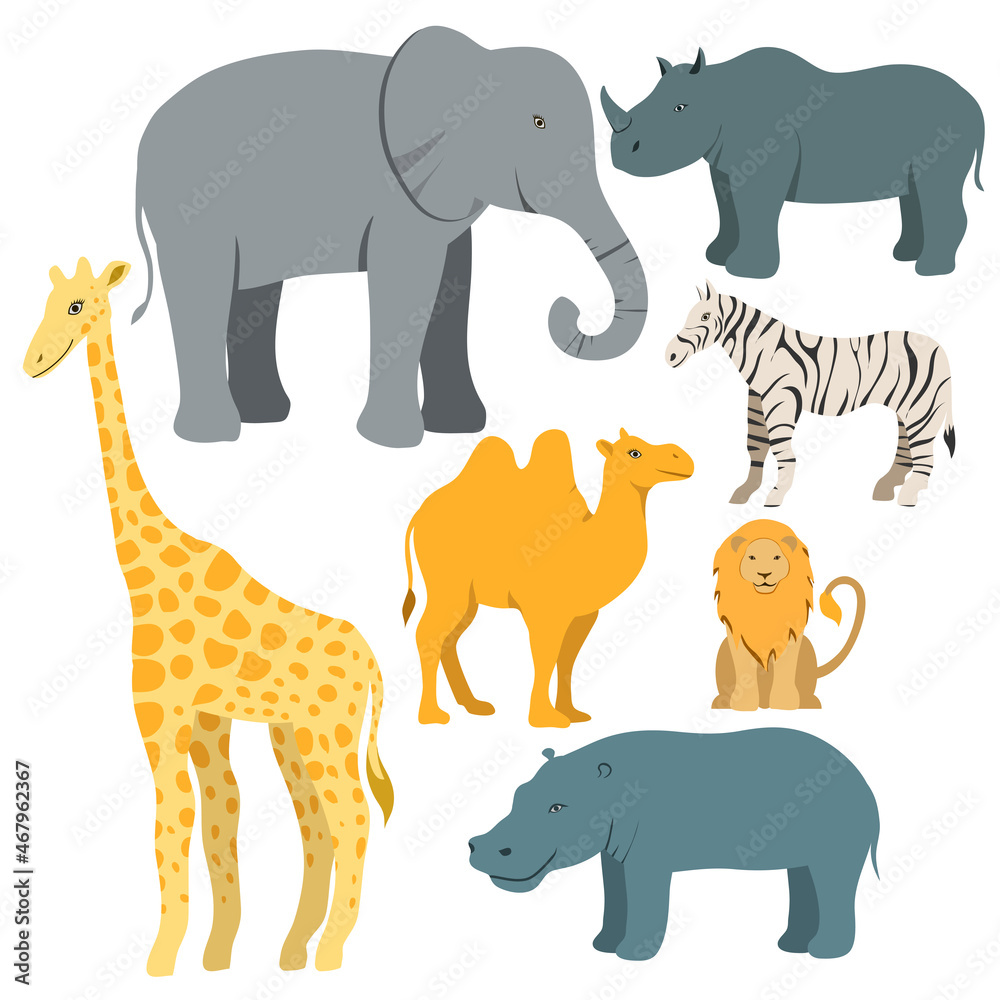 Fototapeta premium Vector set of animals, elephant, giraffe, hippo, lion, camel, rhinoceros, zebra
