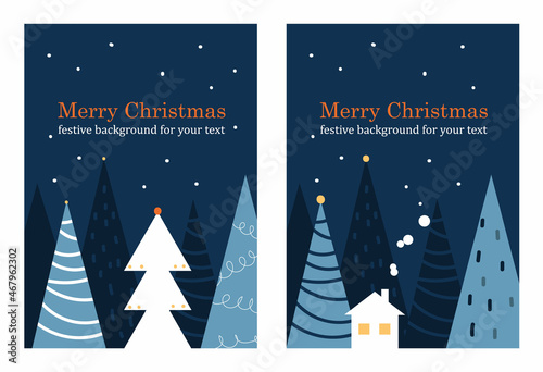 The concept of Christmas vertical templates with geometric shapes in the form of winter trees and houses. Greeting Holiday Card template