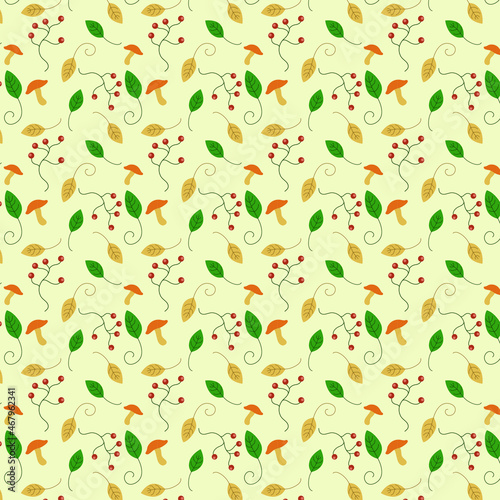 Fototapeta Naklejka Na Ścianę i Meble -  Vector pattern, with leaves, mushrooms and berries, for packages, gifts and textures