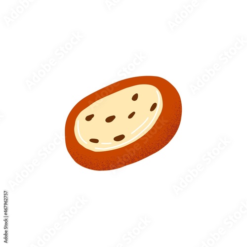 Vatrushka, Russian bun from dough and curd. Sweet baked pastry with quark and raisin bites. Patty with filling. Eastern European dessert. Flat vector illustration of food isolated on white background
