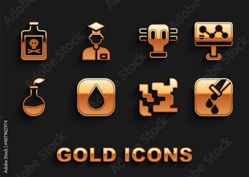 Set Water drop, Chemical formula, Test tube and flask, Gaseous, Plant breeding, mask, Poison bottle and Laboratory assistant icon. Vector