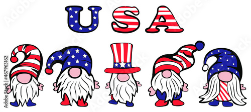 Patriotic Gnomes set with Stars and Stripes on white background. USA Independence day. Vector illustration in doodle style.
