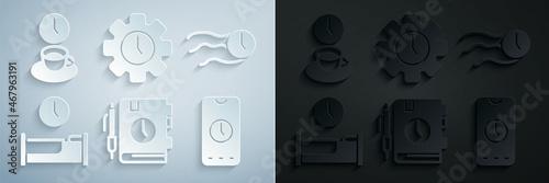 Set Daily paper notepad, Time flies on the clock, to sleep, Alarm app mobile, Management and Coffee time icon. Vector