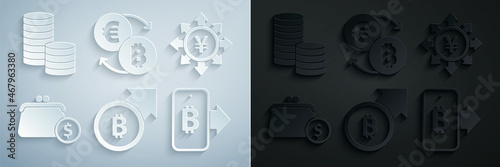 Set Financial growth and bitcoin, Coin money with Yen, Wallet coins, Mining from mobile, Cryptocurrency exchange and dollar icon. Vector