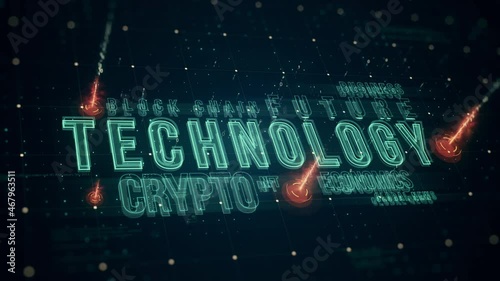 Hi-tech animated text title with HUD elements, set of programming code, futuristic grid. Technological and modern text title for the field of blockchain technology, business and economic content desig
