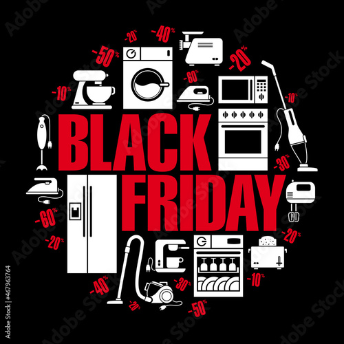 Affiche noir, rouge et blanche pour les soldes du Black Friday avec des pictogramme d’appareils électroménager et des pourcentage de réduction des prix.