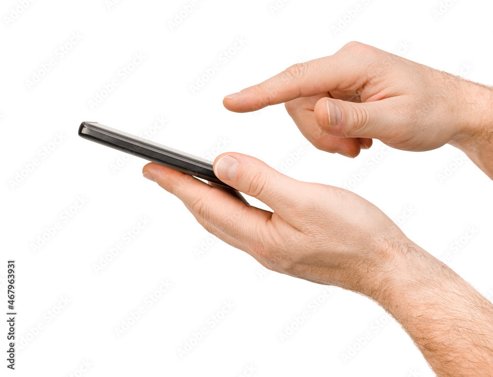 male hands click on smartphone screen with index finger isolated on white background male hands click on smartphone screen with index finger isolated on white background